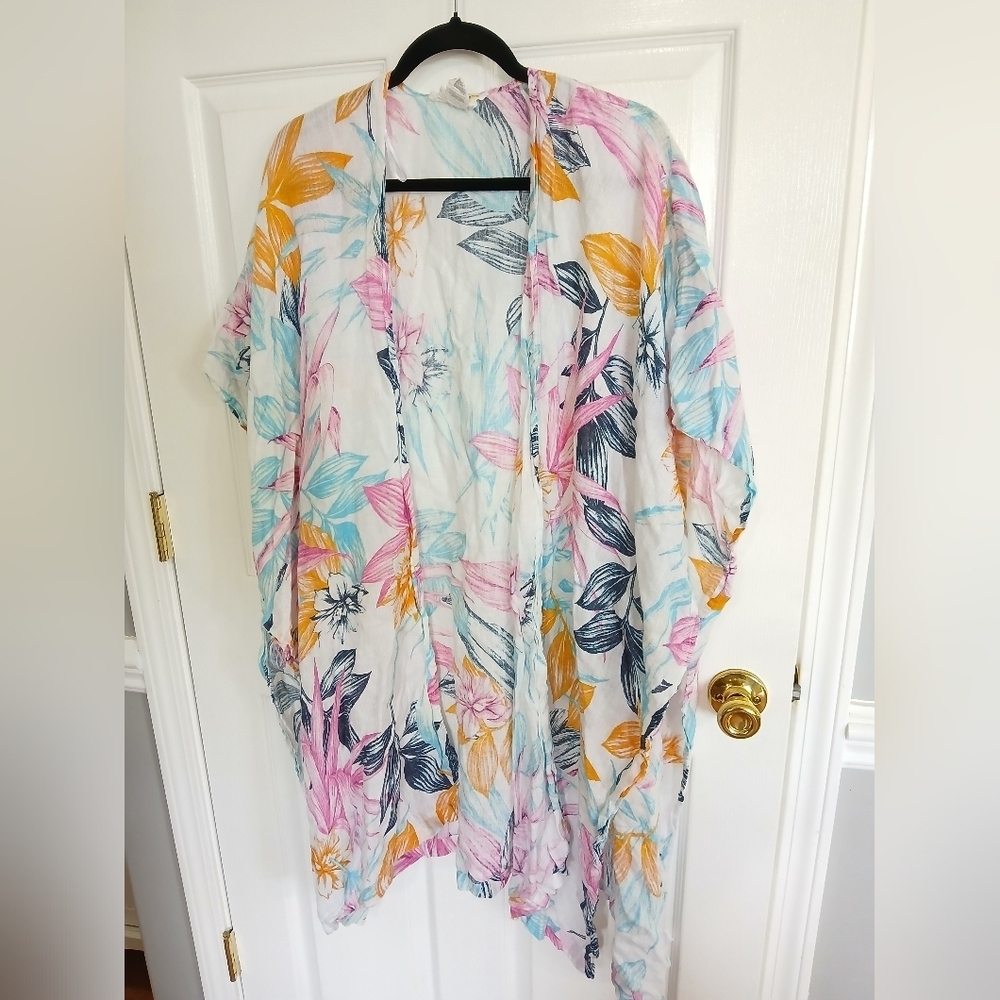 C&C California Floral Linen Kimono Swimsuit Cover Beach Cruise Resort Pool